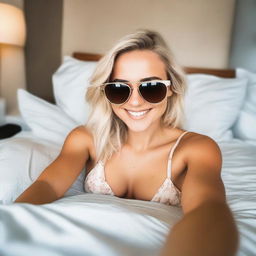 A selfie of a blonde girl wearing a bikini and sunglasses, lying in bed