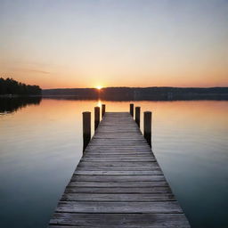 A serene lakeside scene at sunset, with the glowing sun reflected on the calm water surface. A wooden dock stretches over the water with a single lantern providing a warm, welcoming light.