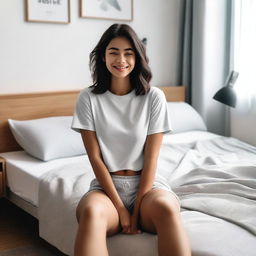 A girl is sitting on a bed wearing a gym outfit