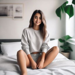 A girl is sitting on a bed wearing a gym outfit