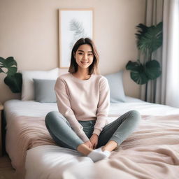 A girl is sitting on a bed wearing a gym outfit