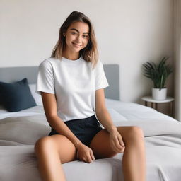 A girl is sitting on a bed wearing a gym outfit