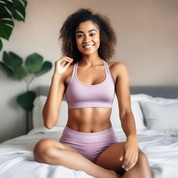 A girl is sitting on a bed wearing a gym bra and workout outfit