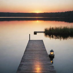 A serene lakeside scene at sunset, with the glowing sun reflected on the calm water surface. A wooden dock stretches out over the water with a solitary lantern providing a welcoming, warm light.