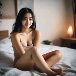 A cute girl is sitting on a bed, partially undressed in a tasteful and artistic manner