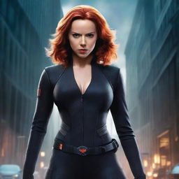 A seductive and fierce portrayal of Black Widow, the Marvel superhero, in a sleek, form-fitting black suit