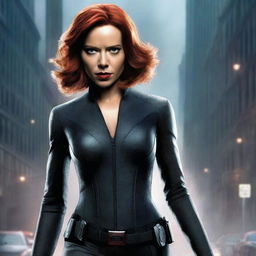 A seductive and fierce portrayal of Black Widow, the Marvel superhero, in a sleek, form-fitting black suit