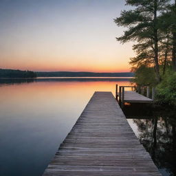 A serene lakeside scene at sunset, with the glowing sun reflected on the calm water surface. A wooden dock stretches out over the water with a solitary lantern providing a welcoming, warm light.