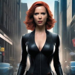 A seductive and fierce portrayal of Black Widow, the Marvel superhero, in a sleek, form-fitting black suit