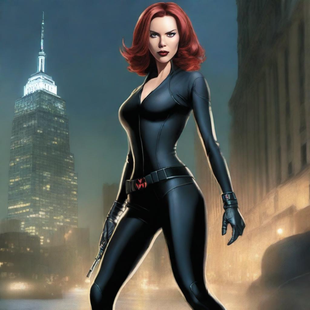 A mature and alluring depiction of Black Widow in a sleek, form-fitting black suit, striking a confident and seductive pose