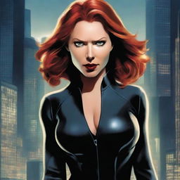 A mature and alluring depiction of Black Widow in a sleek, form-fitting black suit, striking a confident and seductive pose