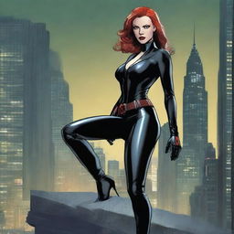 A mature and alluring depiction of Black Widow in a sleek, form-fitting black suit, striking a confident and seductive pose