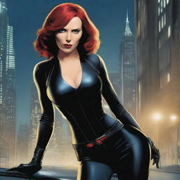 A mature and alluring depiction of Black Widow in a sleek, form-fitting black suit, striking a confident and seductive pose