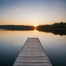 A serene lakeside scene at sunset, with the glowing sun reflected on the calm water surface. A wooden dock stretches out over the water with a solitary lantern providing a welcoming, warm light.