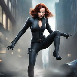 A highly detailed illustration of Black Widow in a dynamic and action-packed pose, showcasing her agility and strength