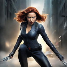 A highly detailed illustration of Black Widow in a dynamic and action-packed pose, showcasing her agility and strength