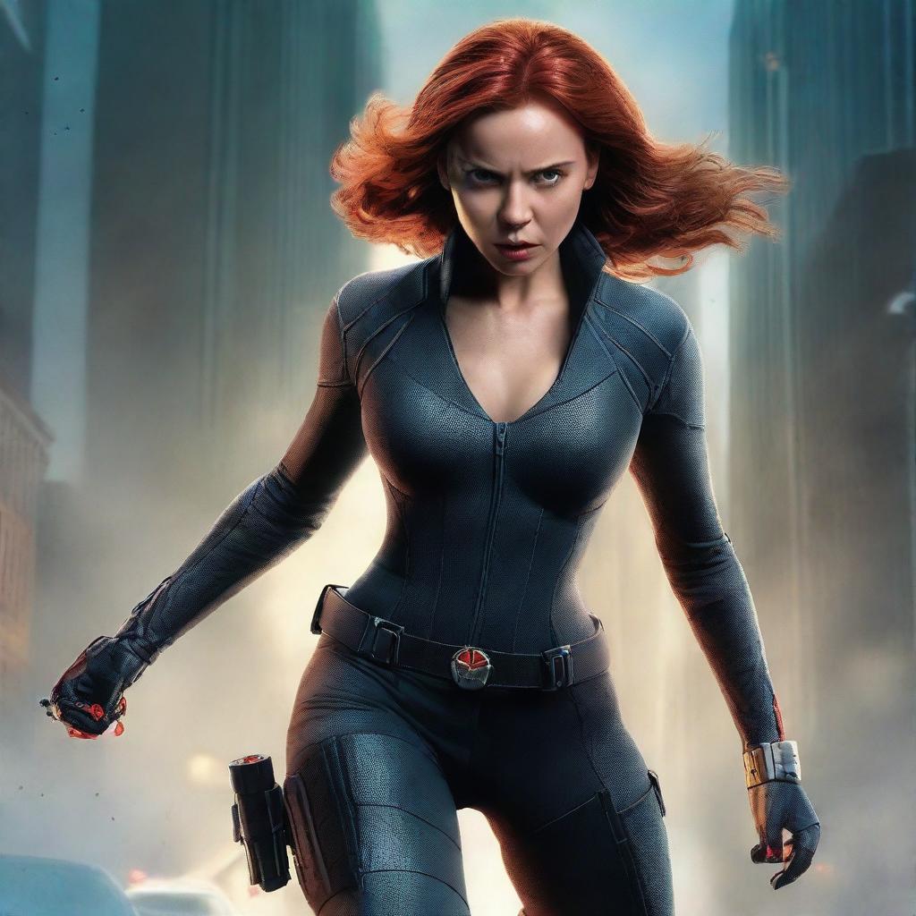 A highly detailed illustration of Black Widow in a dynamic and action-packed pose, showcasing her agility and strength