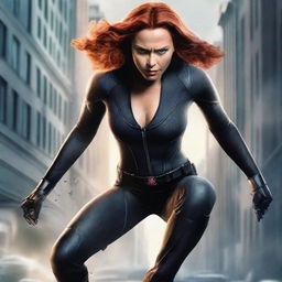 A highly detailed illustration of Black Widow in a dynamic and action-packed pose, showcasing her agility and strength