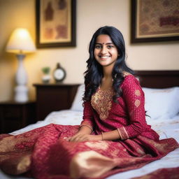 A cute Indian girl is sitting on a bed, wearing traditional Indian attire