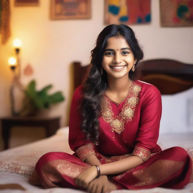 A cute Indian girl is sitting on a bed, wearing traditional Indian attire