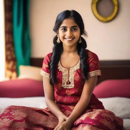 A cute Indian girl is sitting on a bed, wearing traditional Indian attire