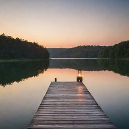 A serene lakeside scene at sunset, with the glowing sun reflected on the calm water surface. A wooden dock stretches out over the water with a solitary lantern providing a welcoming, warm light.