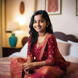 A cute Indian girl is sitting on a bed, wearing traditional Indian attire