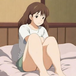 A cute anime girl with soft, realistic skin is sitting on a bed, partially undressed