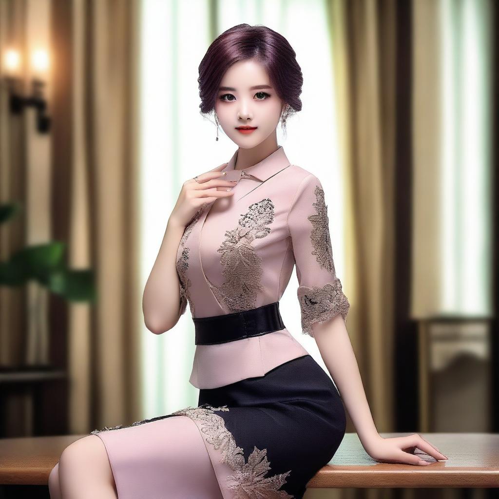 Create an image of Sizuka in a stylish and elegant outfit, posing confidently