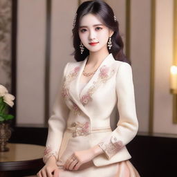 Create an image of Sizuka in a stylish and elegant outfit, posing confidently