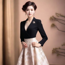 Create an image of Sizuka in a stylish and elegant outfit, posing confidently