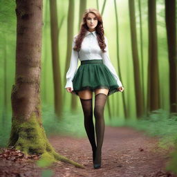 Create a full-size image of a woman wearing stockings in a forest setting