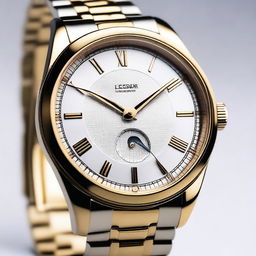 A detailed image of a stylish wristwatch with a sleek design, featuring a metallic band and an elegant clock face