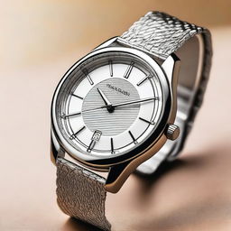 A detailed image of a stylish wristwatch with a sleek design, featuring a metallic band and an elegant clock face