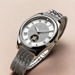 A detailed image of a stylish wristwatch with a sleek design, featuring a metallic band and an elegant clock face