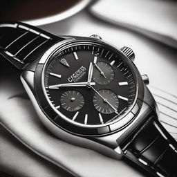 A detailed image of a Carans Precision watch, featuring a sleek metallic band and a sophisticated dial