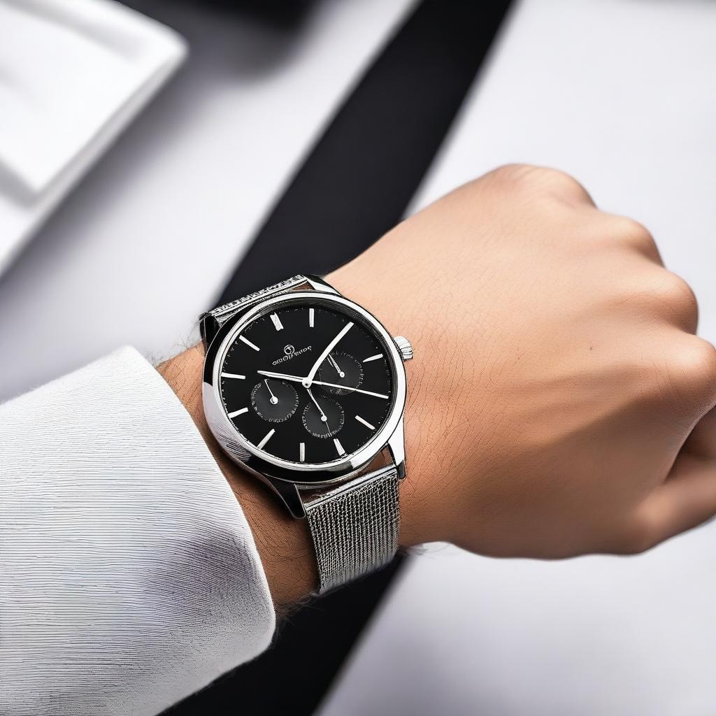 A detailed and elegant wristwatch with a sleek design, featuring a stainless steel band and a sophisticated black dial