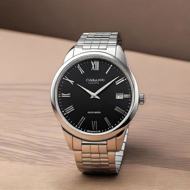 A detailed and elegant wristwatch with a sleek design, featuring a stainless steel band and a sophisticated black dial