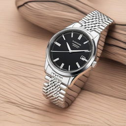 A detailed and elegant wristwatch with a sleek design, featuring a stainless steel band and a sophisticated black dial