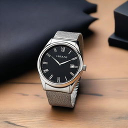 A detailed and elegant wristwatch with a sleek design, featuring a stainless steel band and a sophisticated black dial