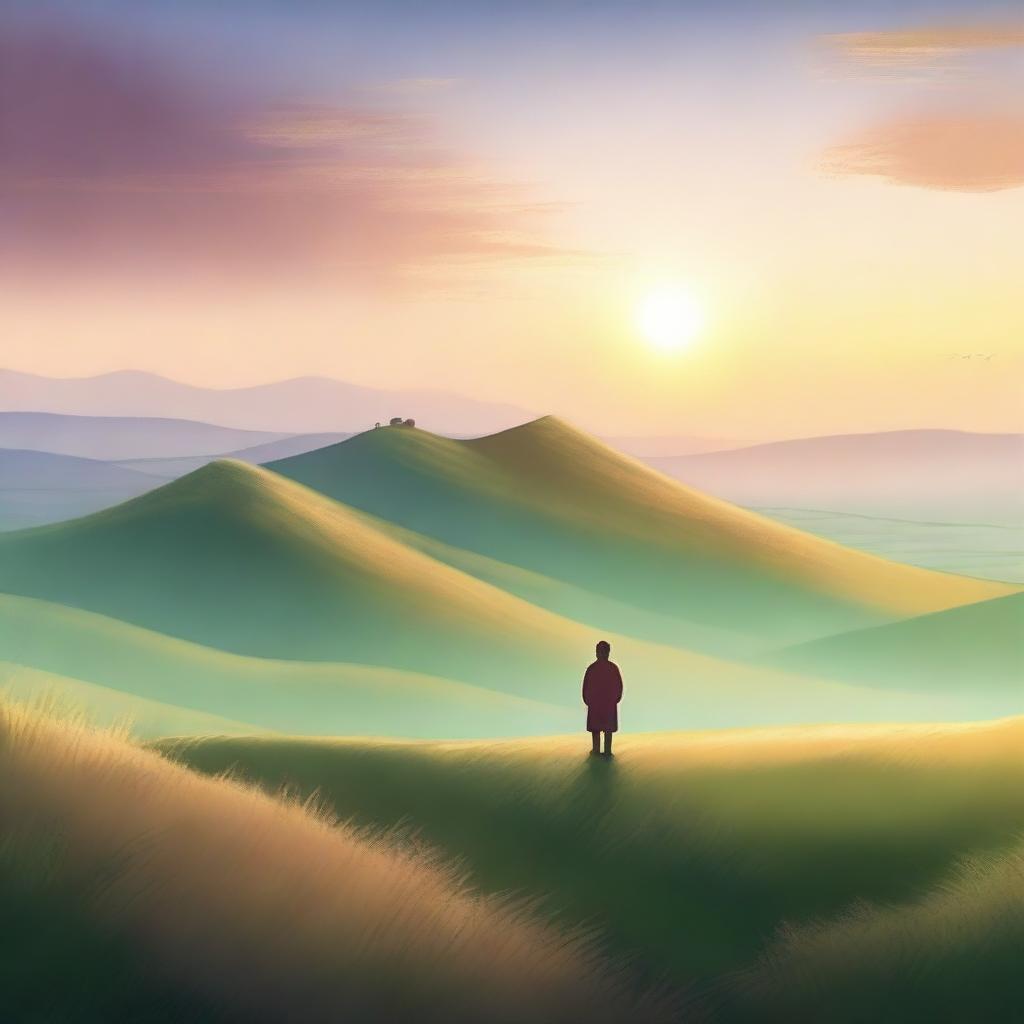 A serene landscape with a person standing on a hilltop, gazing at a beautiful sunrise