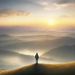 A serene landscape with a person standing on a hilltop, gazing at a beautiful sunrise