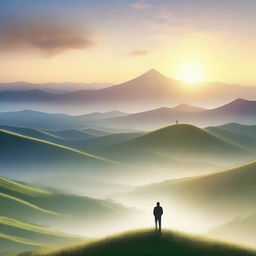 A serene landscape with a person standing on a hilltop, gazing at a beautiful sunrise