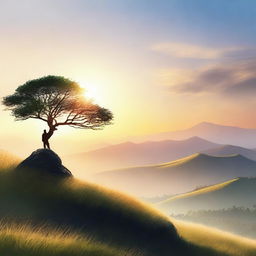 A serene landscape with a person standing on a hilltop, gazing at a beautiful sunrise