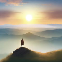 A serene landscape with a person standing on a hilltop, gazing at a beautiful sunrise