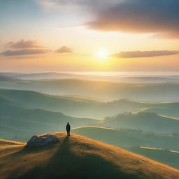 A serene landscape with a person standing on a hilltop, gazing at a beautiful sunrise