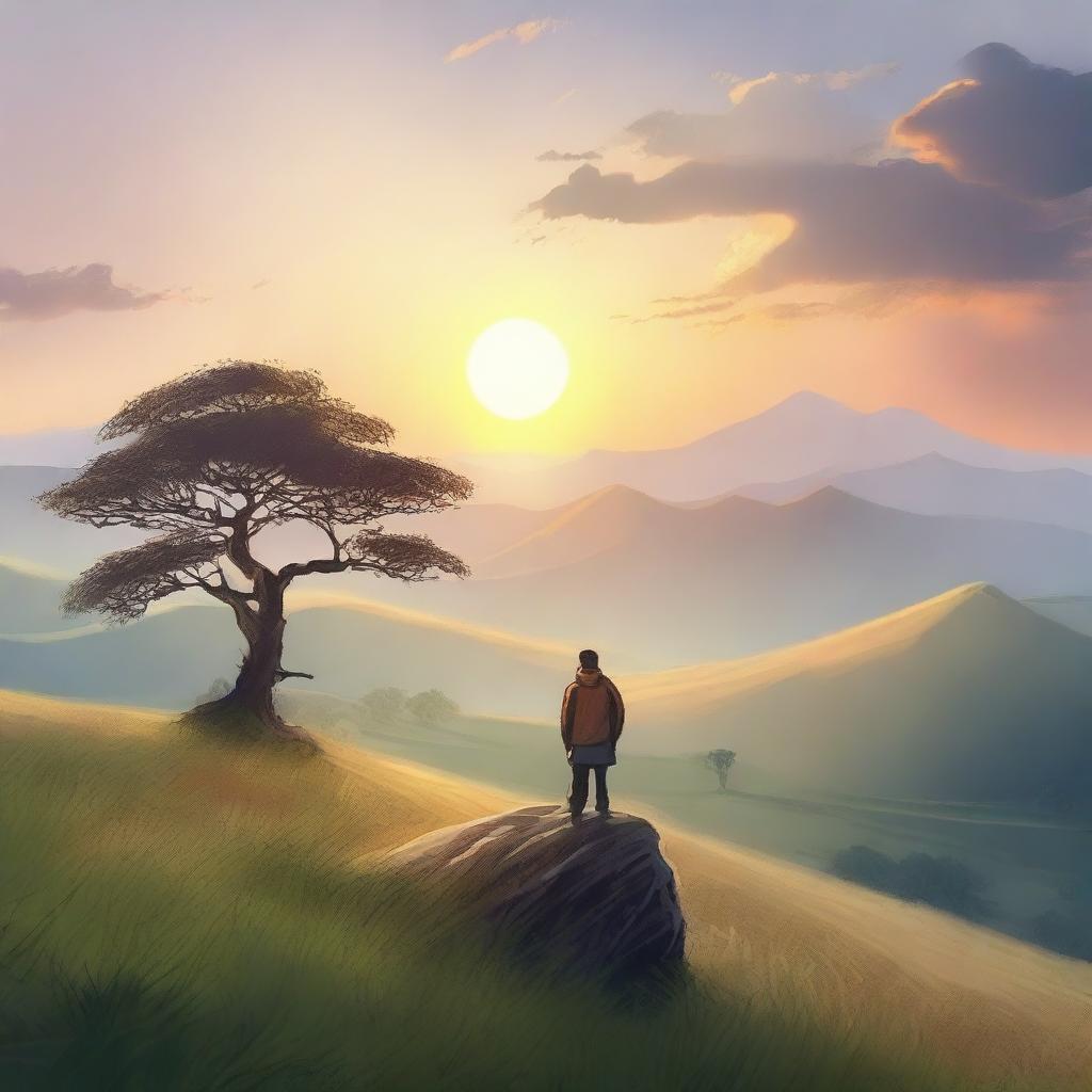 A serene landscape with a person standing on a hilltop, gazing at a beautiful sunrise