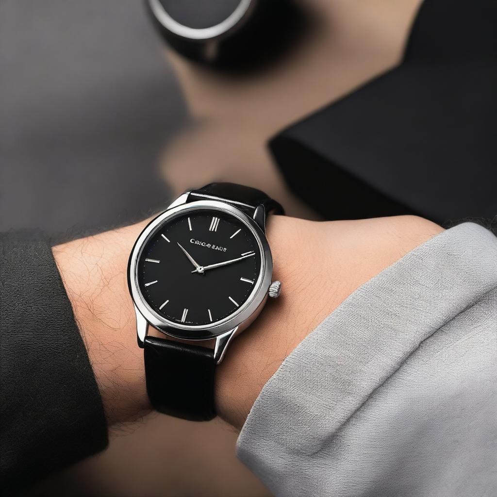 A luxurious wristwatch featuring a black leather band and a sleek black dial