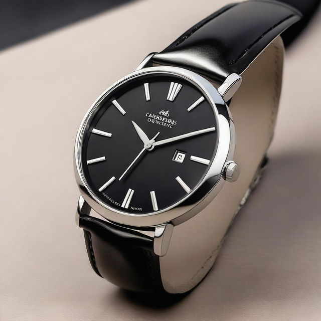 A luxurious wristwatch featuring a black leather band and a sleek black dial