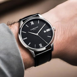 A luxurious wristwatch featuring a black leather band and a sleek black dial